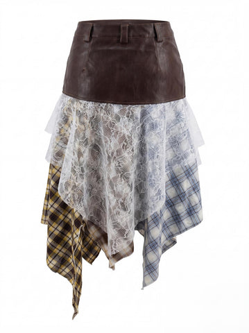 Patchwork Plaid High Waisted Denim Skirt
