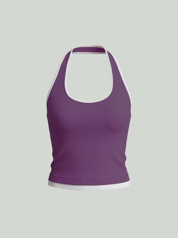 Ribbed Contrast Trim Halter Tank Top