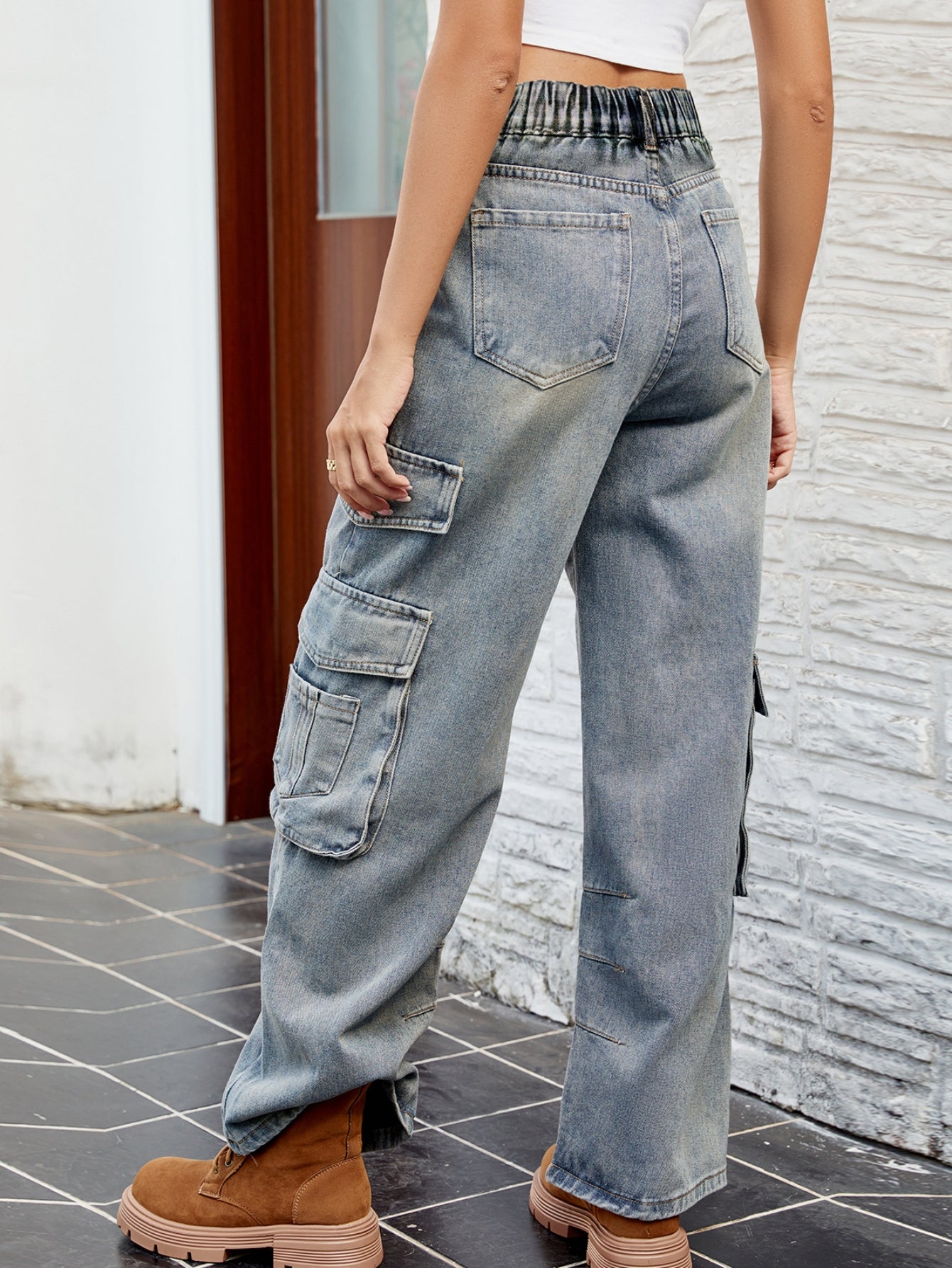 High Waisted Loose Cargo Jeans