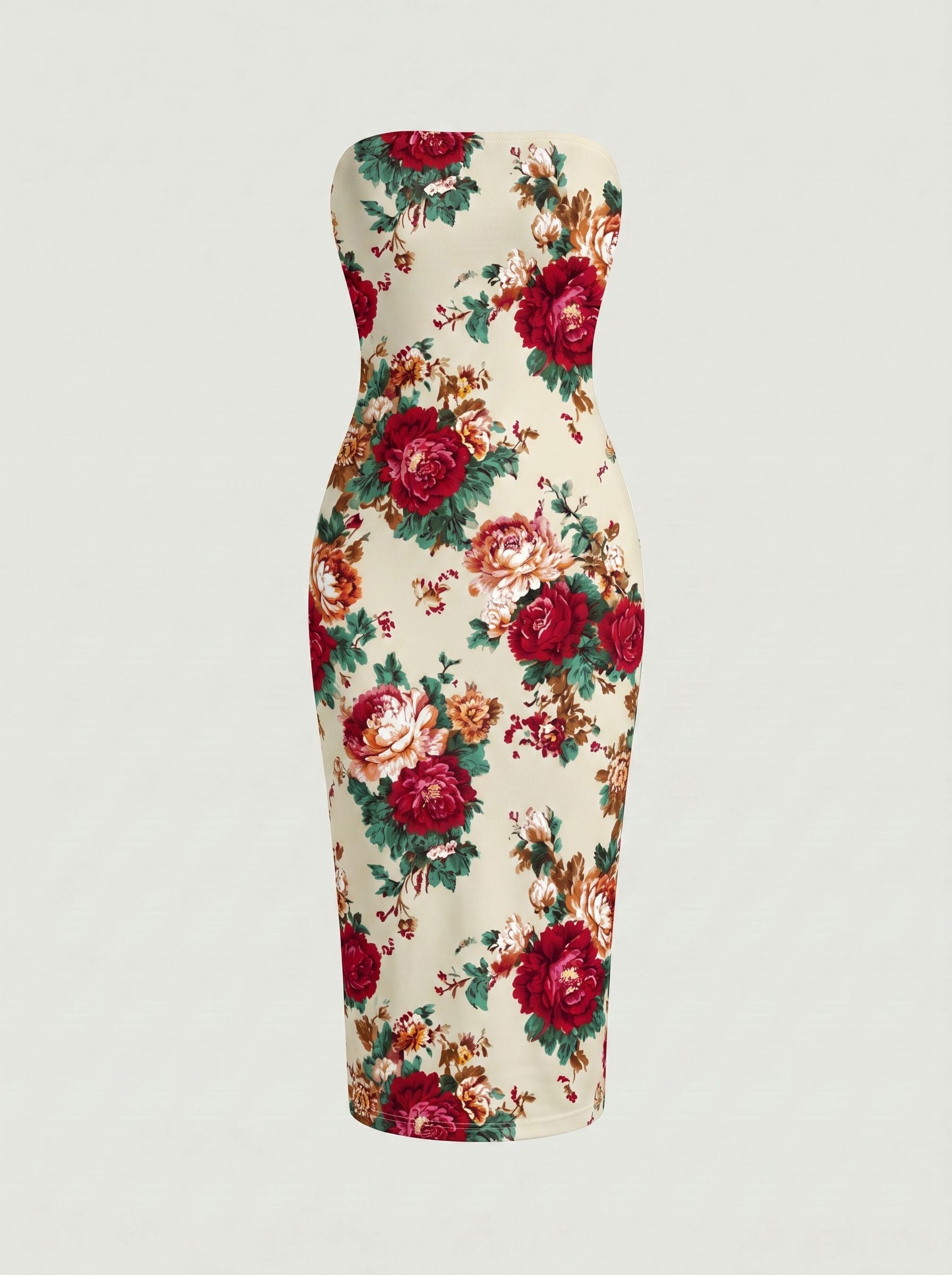 MAIA Floral Print Strapless Sheath Midi Dress