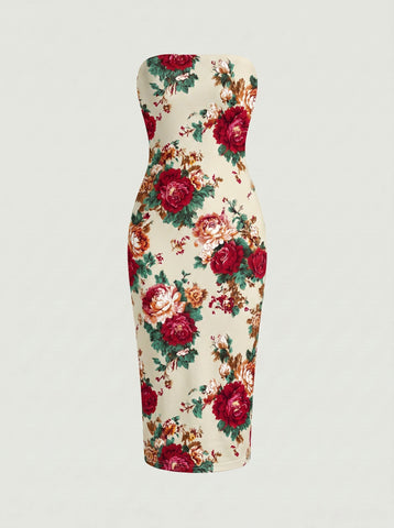 MAIA Floral Print Strapless Sheath Midi Dress