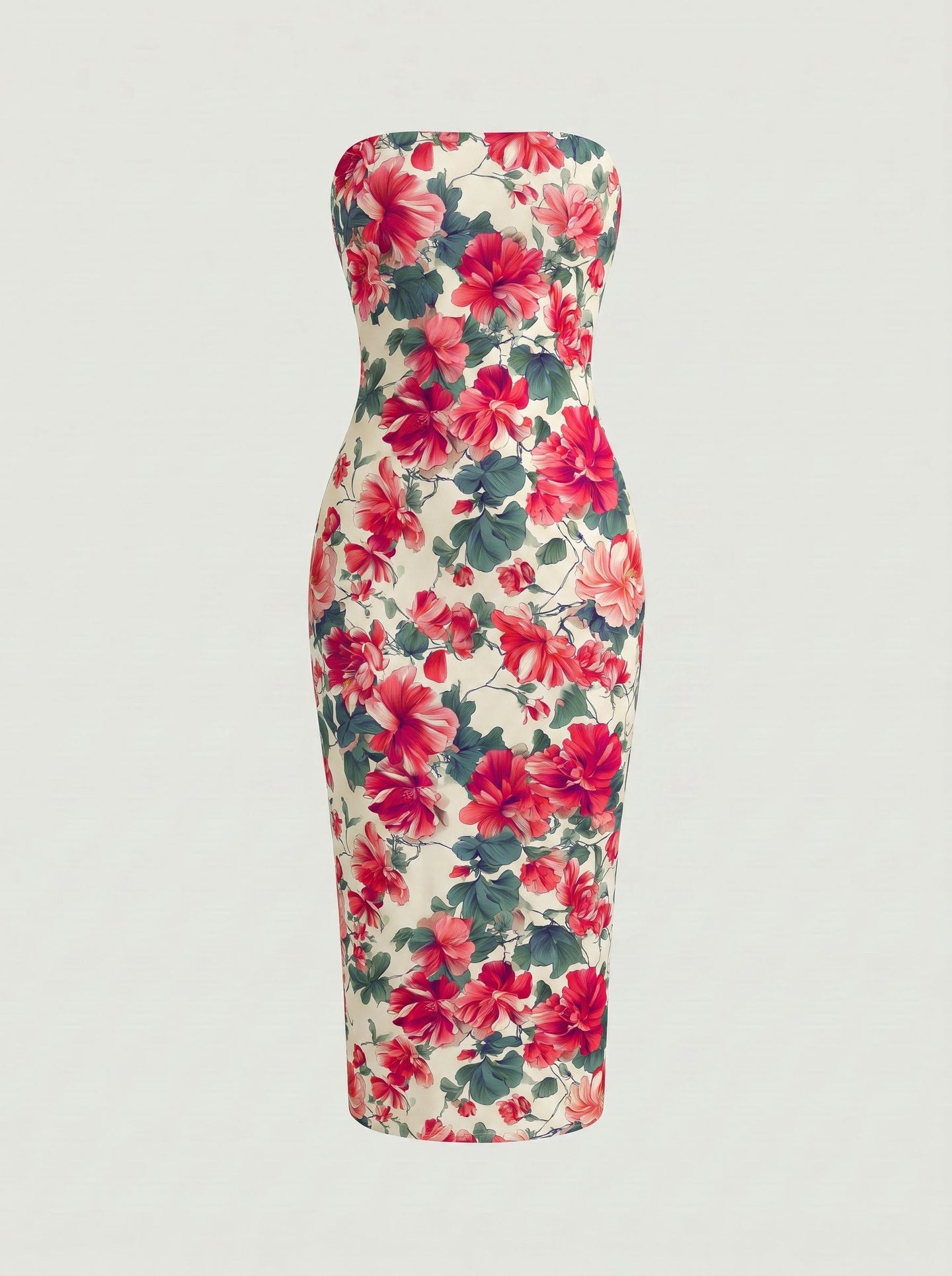 MAIA Tropical Hibiscus Print Strapless Sheath Midi Dress