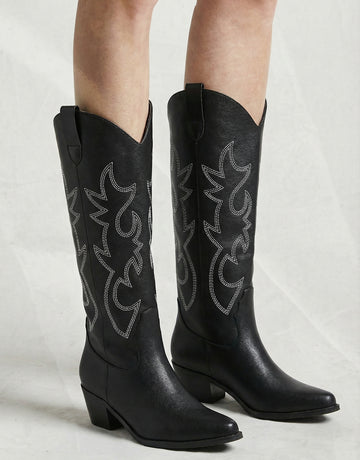 Pointed Toe Embroidered Knee-High Western Boots in