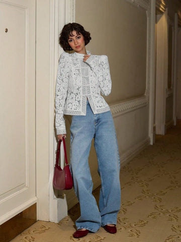 Elegant Lace Mandarin Collar Button Shirt