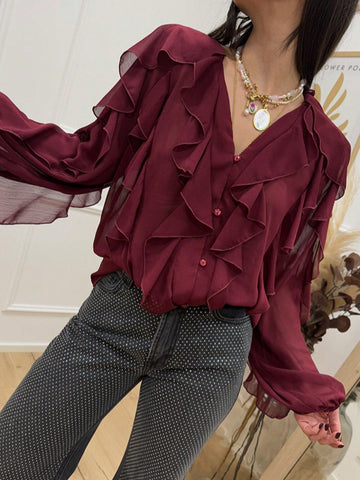 Sheer Ruffle Trim Button Down Blouse