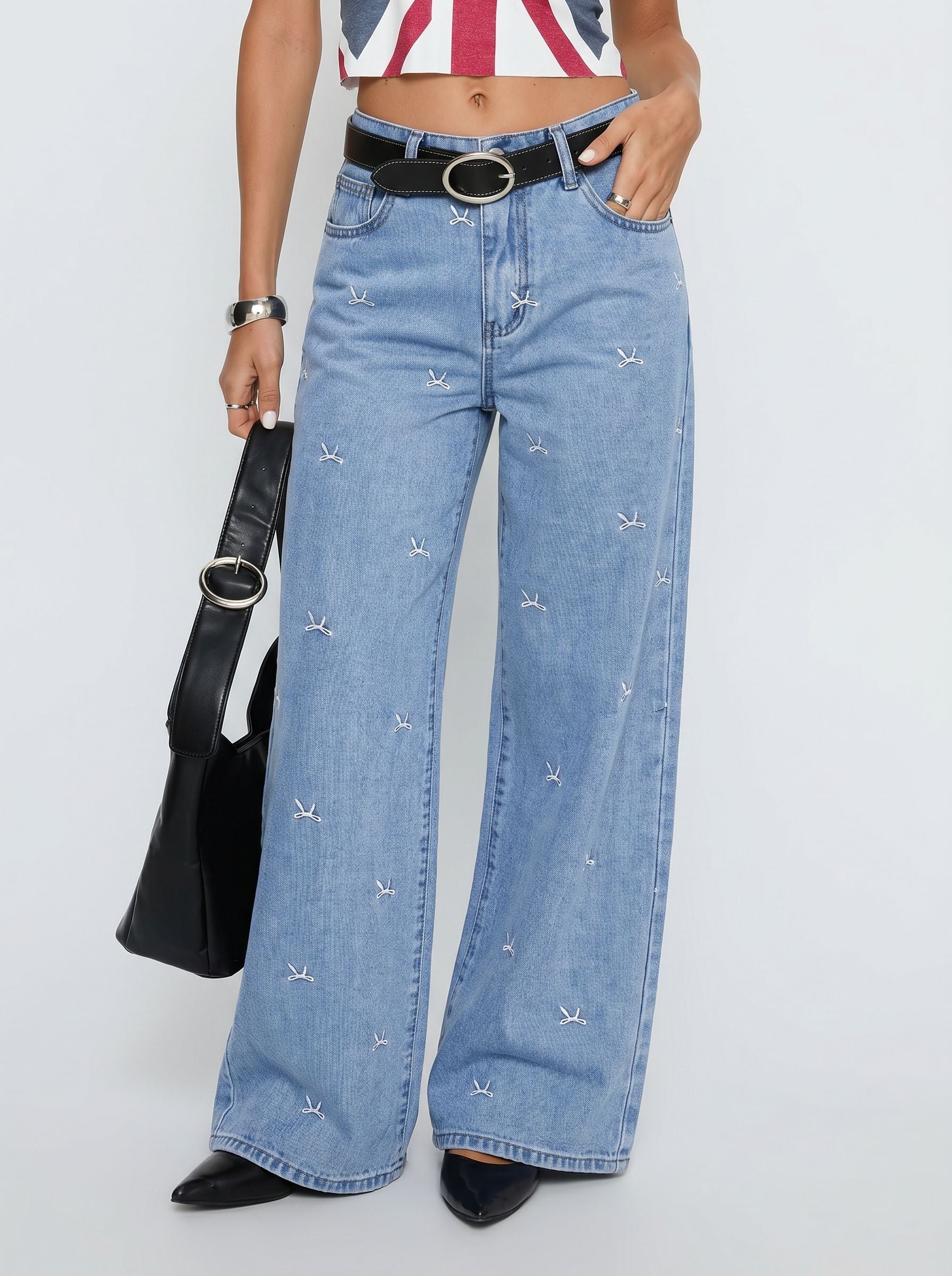 Embroidered Bow Wide Leg Jeans