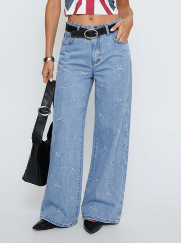 Embroidered Bow Wide Leg Jeans