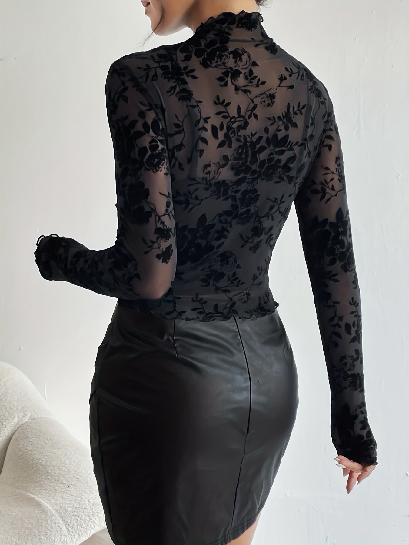 Sheer Floral Mock Neck Long Sleeve Tee