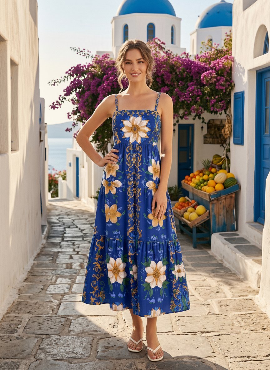 FLORA Floral Print Tiered Strap Midi Dress