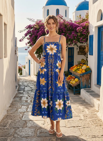 FLORA Floral Print Tiered Strap Midi Dress