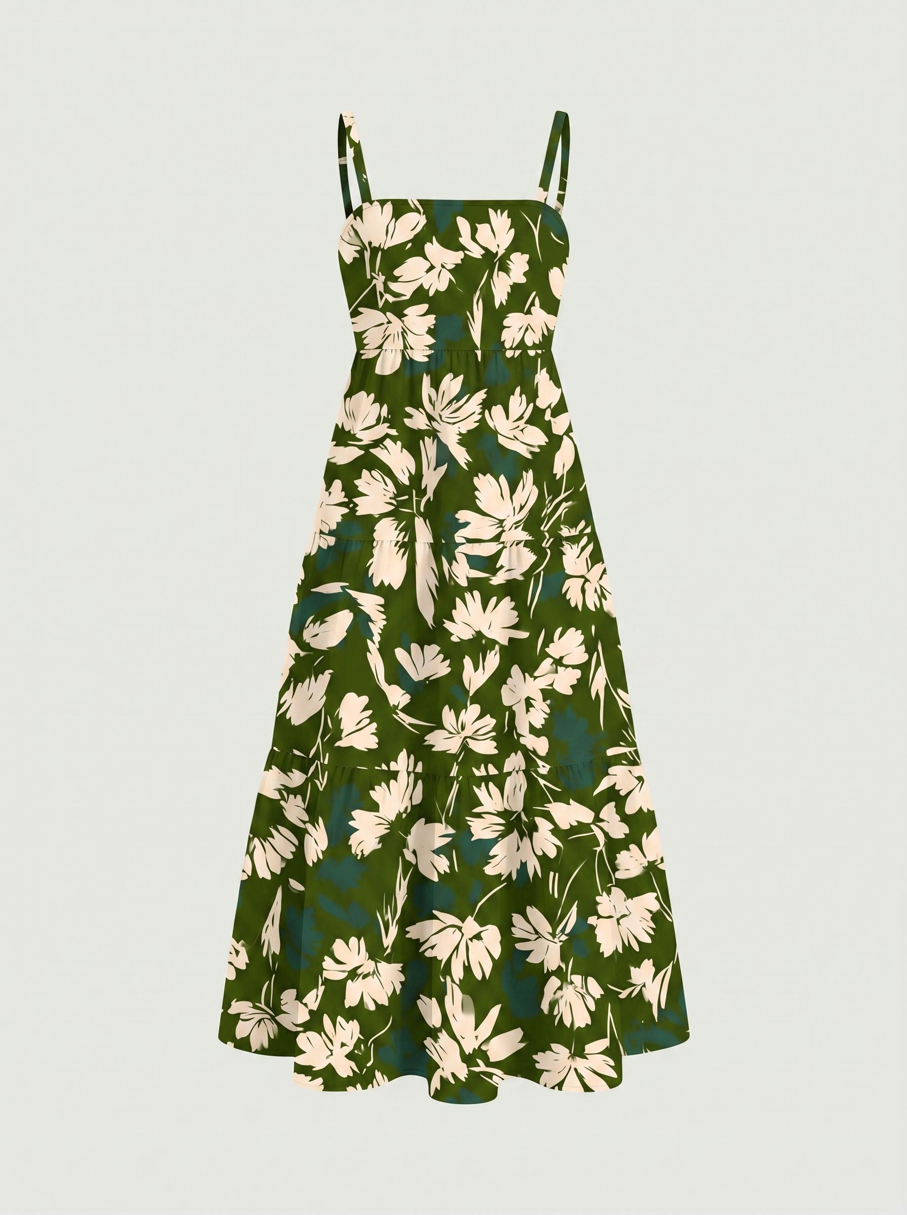 FLORA Floral Print Tiered Strap Midi Dress