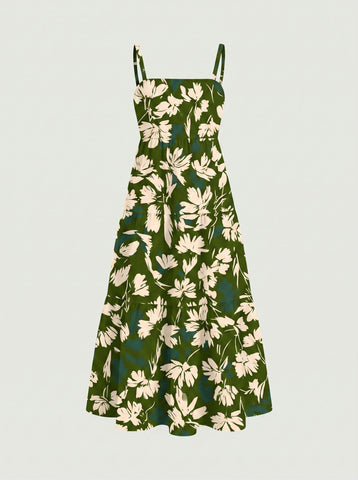 FLORA Floral Print Tiered Strap Midi Dress