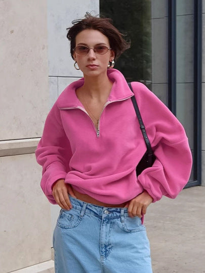 Oversized Pink Quarter Zip Fleece Sweatshirt