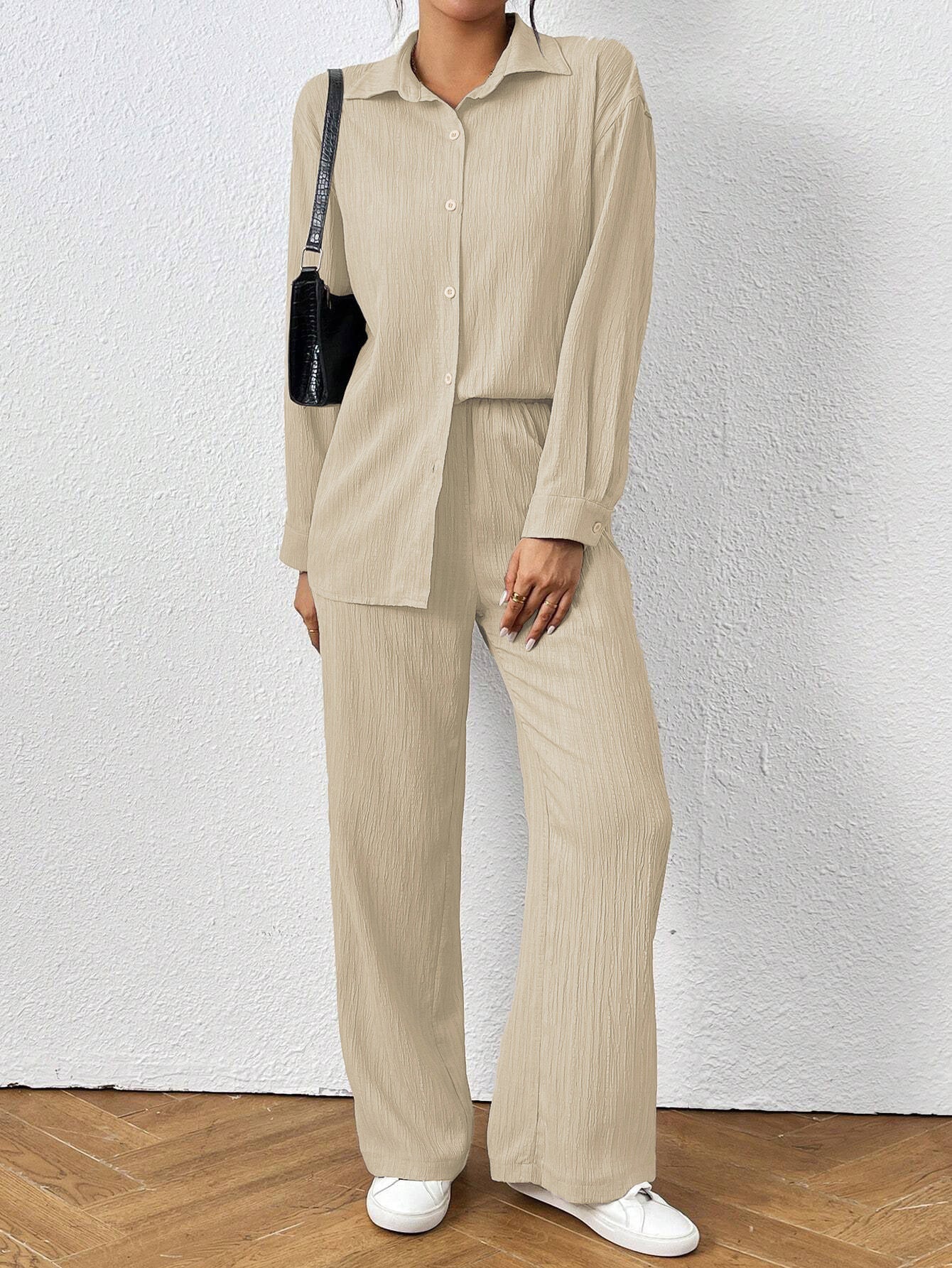 Casual Textured Wide Leg Pant Set