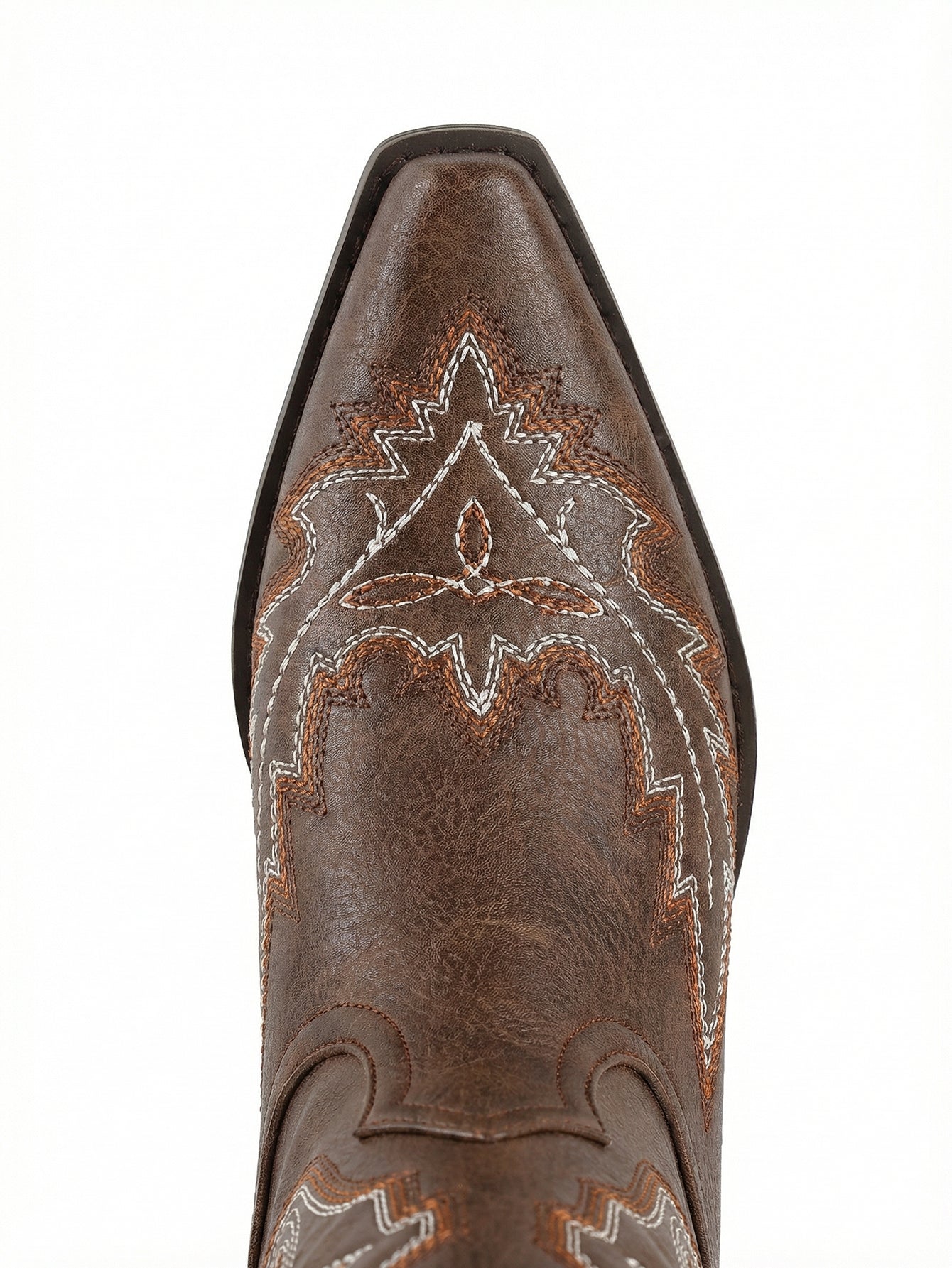 Stitched Pattern Pointed-Toe Low-Heel Classic Cowboy Boots-Brown