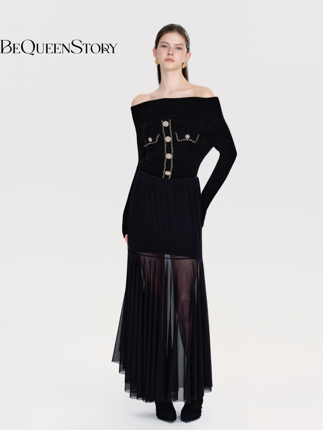 Off Shoulder Embellished Knit Sweater
