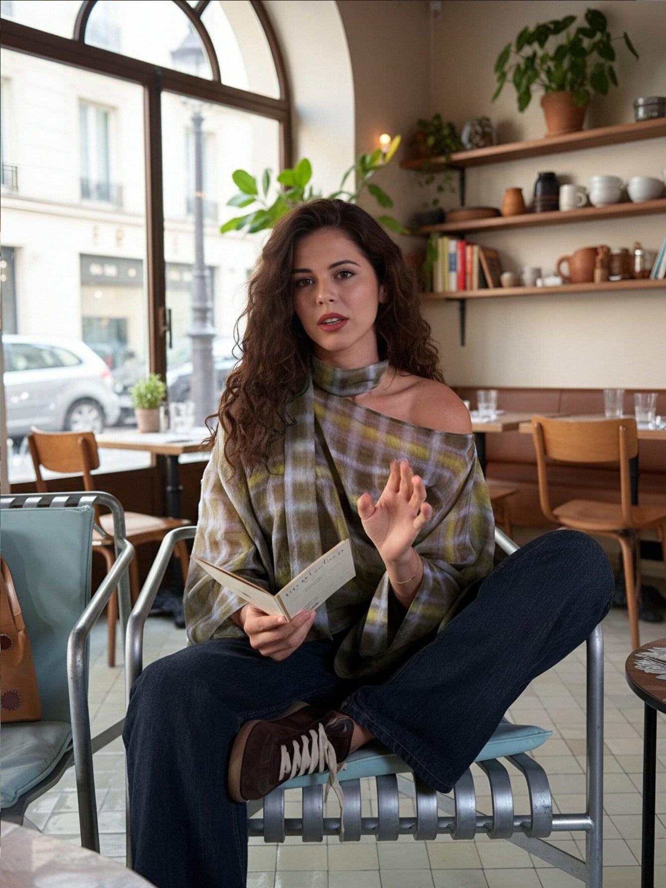 Plaid Bardot Neck Blouse
