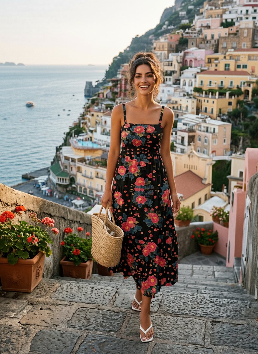 FLORA Floral Print Tiered Strap Midi Dress