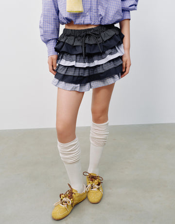 Urban Revivo Drawstring Contrast Check Tiered Ruffle A-Line Mini Skirts