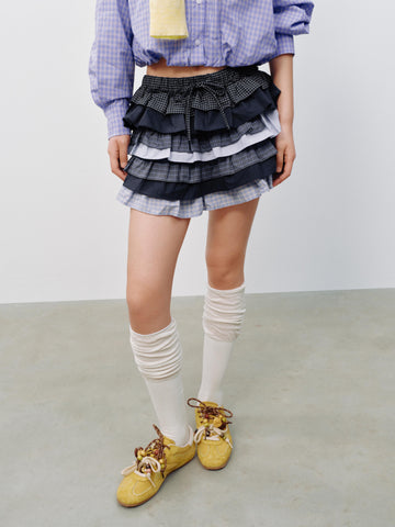 Urban Revivo Drawstring Contrast Check Tiered Ruffle A-Line Mini Skirts