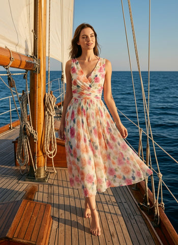 CORINNE
Floral Print V Neck A Line Midi Dress