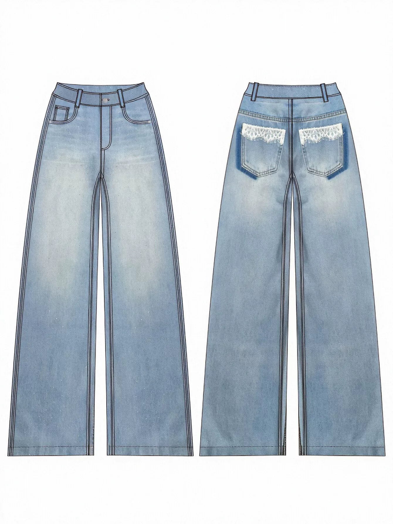 Lace Trim High Waisted Wide Leg Jeans