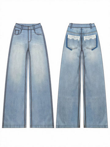 Lace Trim High Waisted Wide Leg Jeans