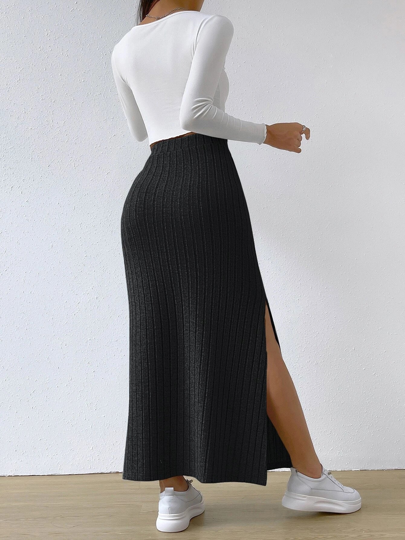 High Waisted Ribbed Slit Midi Skirt