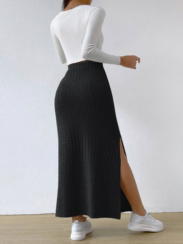 High Waisted Ribbed Slit Midi Skirt