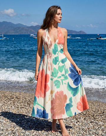 AURELIA Floral Print Halter Neck Tie Back Midi Dress