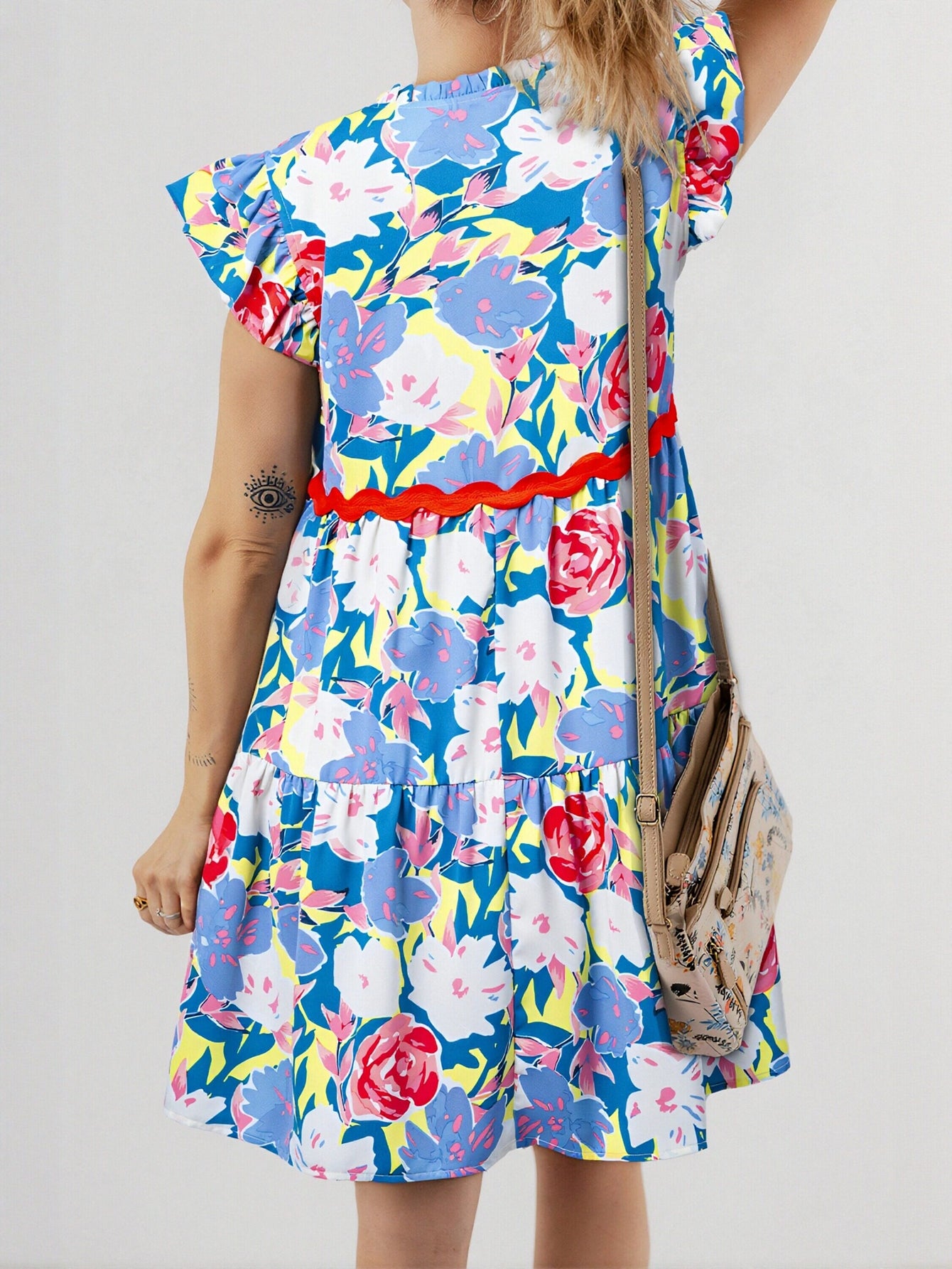V Neck Floral Print Mini Dress