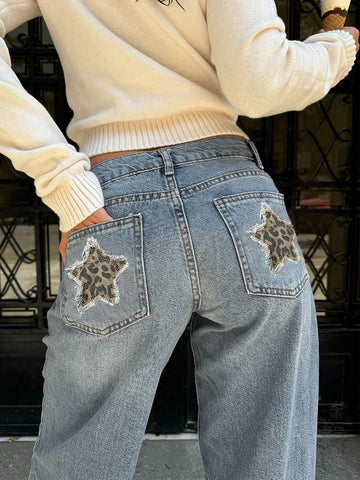 Leopard Star Print Wide Leg Jeans