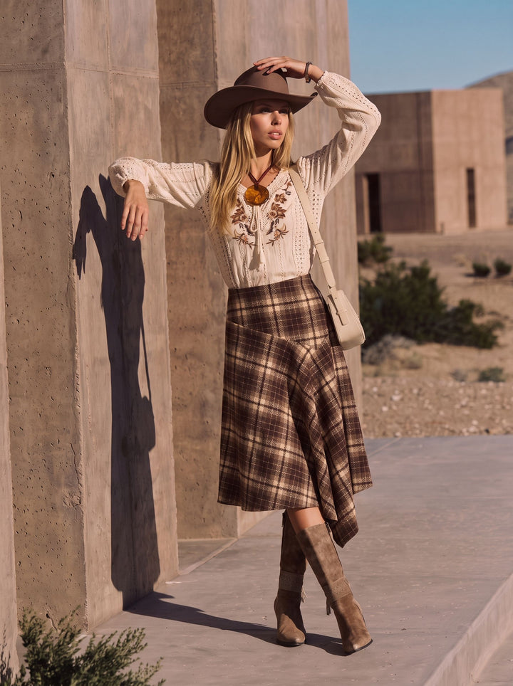 High Waisted Plaid Asymmetric Midi Skirt