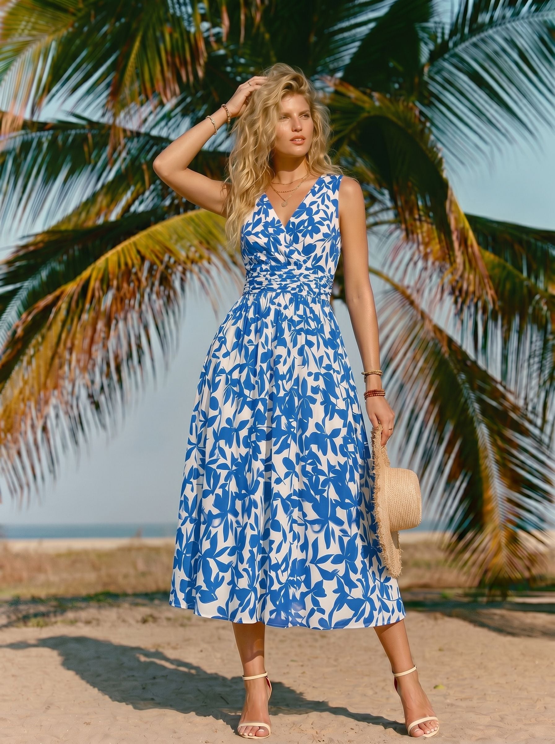 CORINNE
Floral Print V Neck A Line Midi Dress