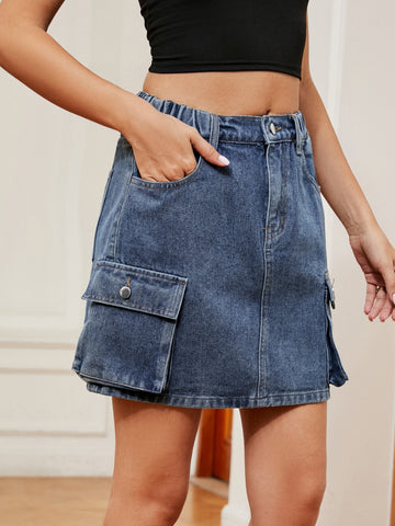 High Waisted Cargo Denim Mini Skirt
