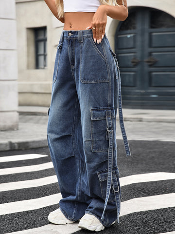High Waisted Baggy Cargo Jeans