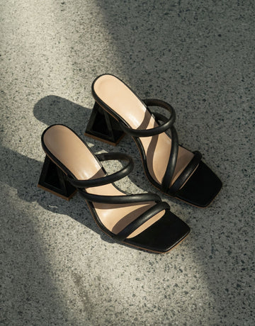 Square-Toe Strappy Geometric Heel Edgy Mules-Black