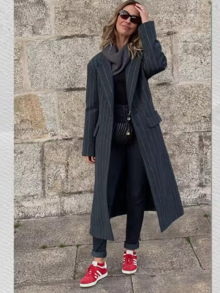 Double Breasted Striped Wool Coat