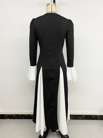 Elegant Colorblock Bell Sleeve Maxi Dress