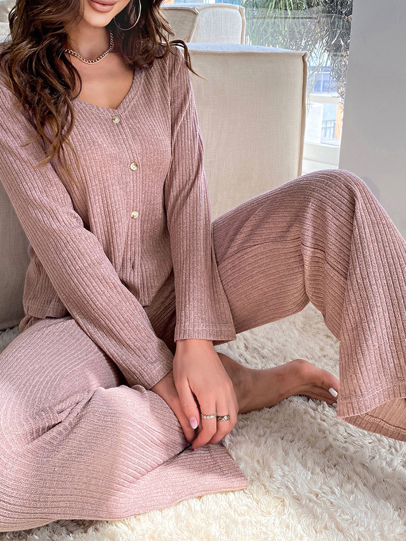 Soft Ribbed Button Down Lounge Set