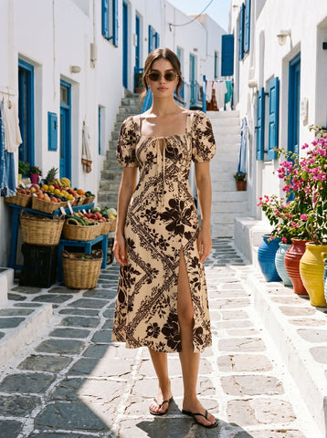 Floral Print Puff Sleeve Tie MidiDress