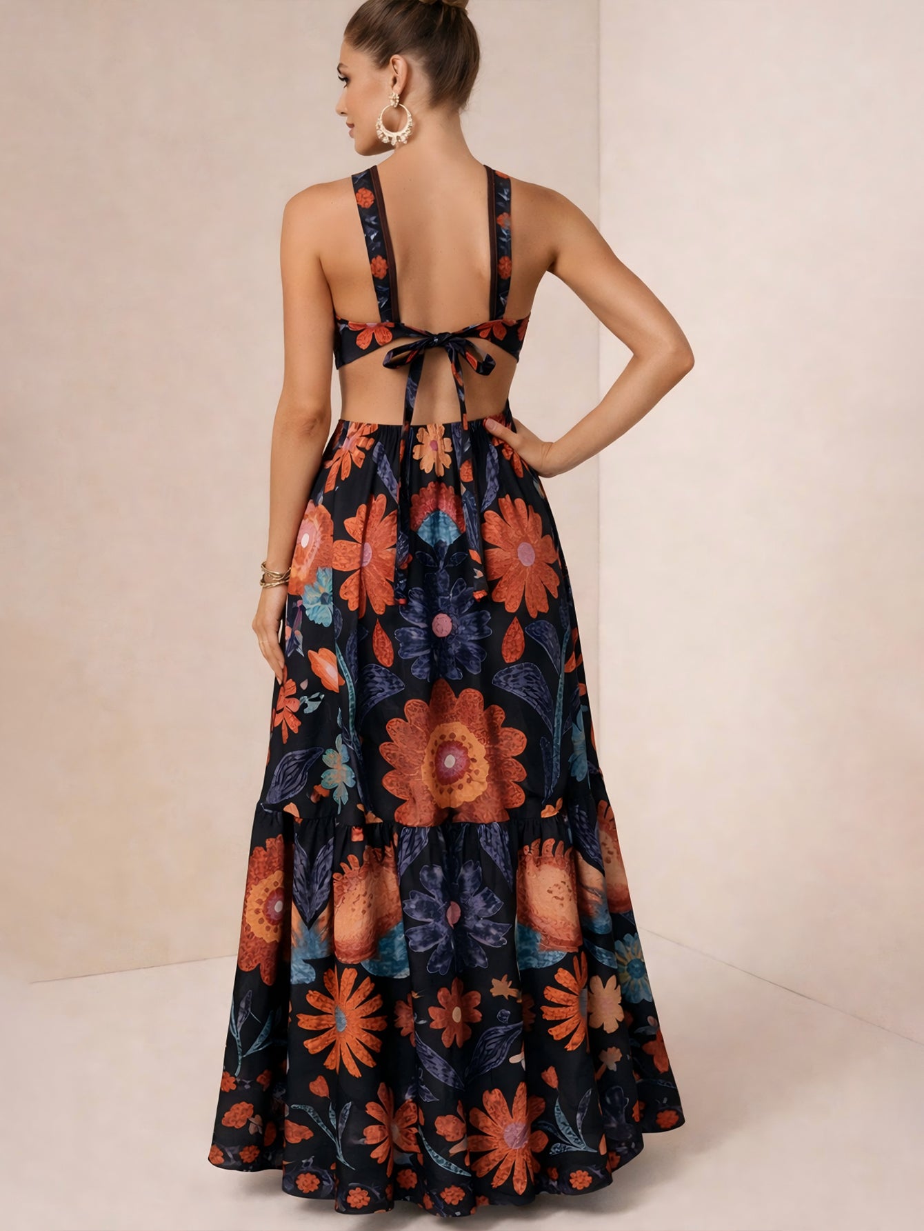 Floral Cutout Halter Maxi Dress