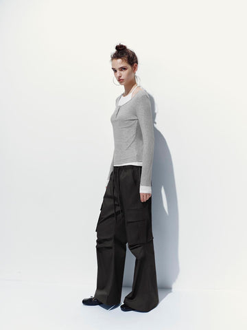 Urban Revivo Drawstring Cargo Flare Pants-Dark Gray