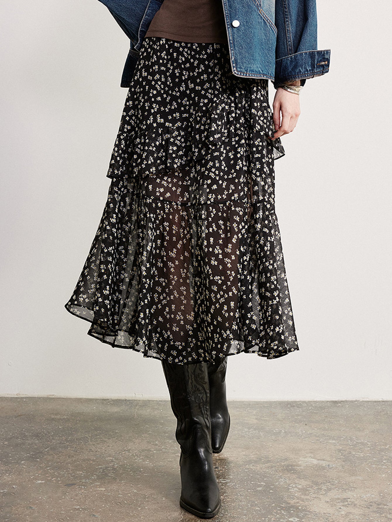 Floral Draped Flowy Midi Skirt
