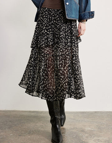 Floral Draped Flowy Midi Skirt
