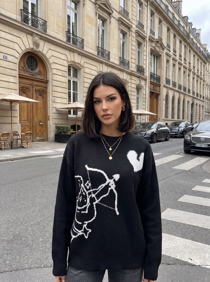 Cupid Graphic Heart Print Oversized Crewneck Sweater