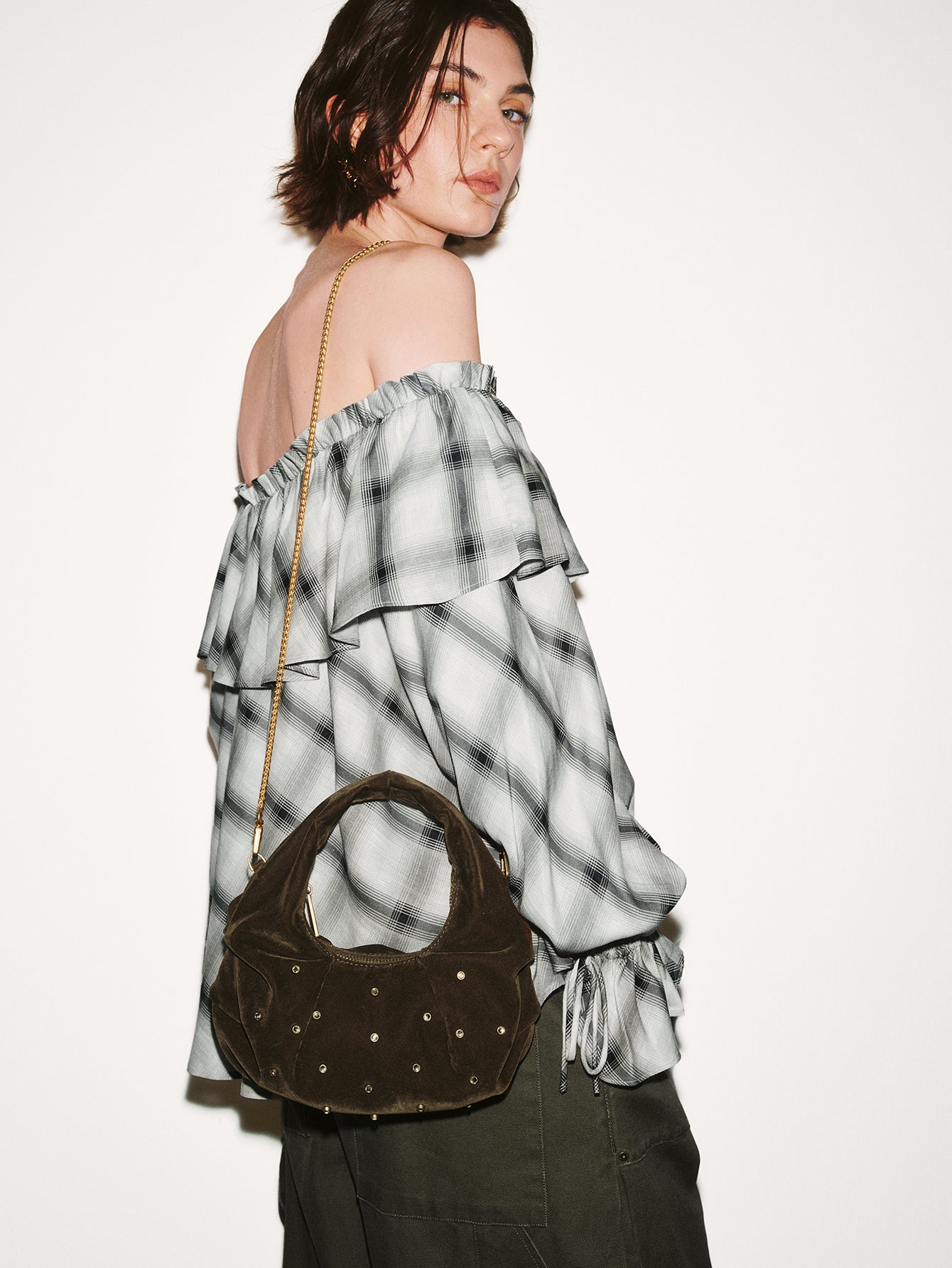 Urban Revivo Off Shoulder Ruffle Detail Contrast Check Overhead Shirts-Light dark gray check
