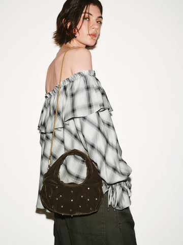 Urban Revivo Off Shoulder Ruffle Detail Contrast Check Overhead Shirts-Light dark gray check
