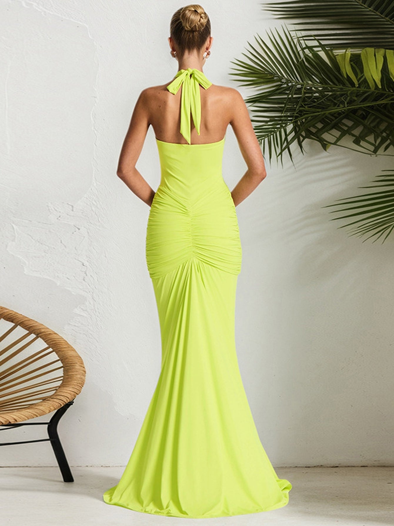 Plunging Neck Ruched Maxi Dress
