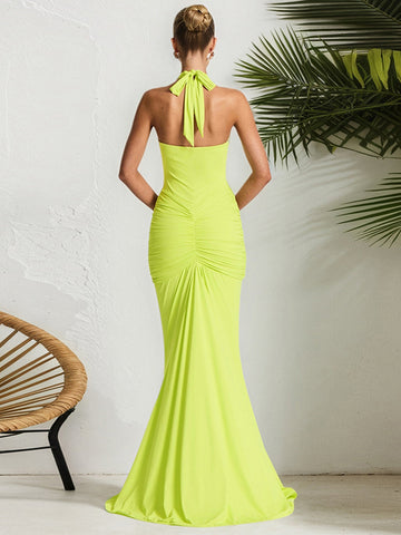 Plunging Neck Ruched Maxi Dress